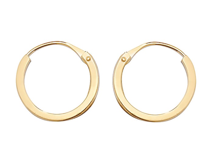 9ct Yellow Gold 8mm Diameter Hinged Threader Sleeper Flat Hoop Earrings - Real 9K Gold