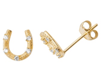 9ct Yellow Gold 6x5mm Lucky Horseshoe Cz Studded Earrings - Real 9K Gold