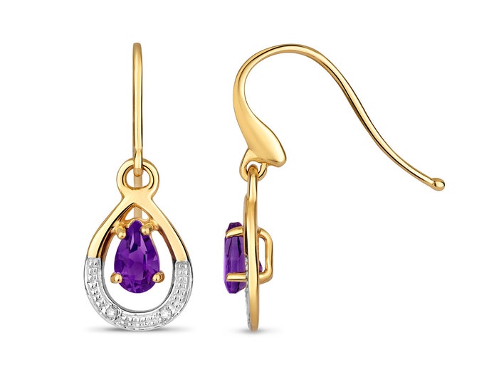 9ct Gold Diamond & Pear Cut Purple Amethyst 18x6mm Hook Drop Earrings - Real 9K Gold