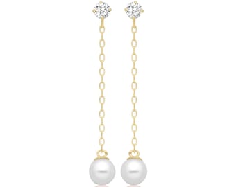 9ct Yellow Gold Cz & Freshwater Pearl Chain 2.7cm Drop Earrings - Solid 9K Gold