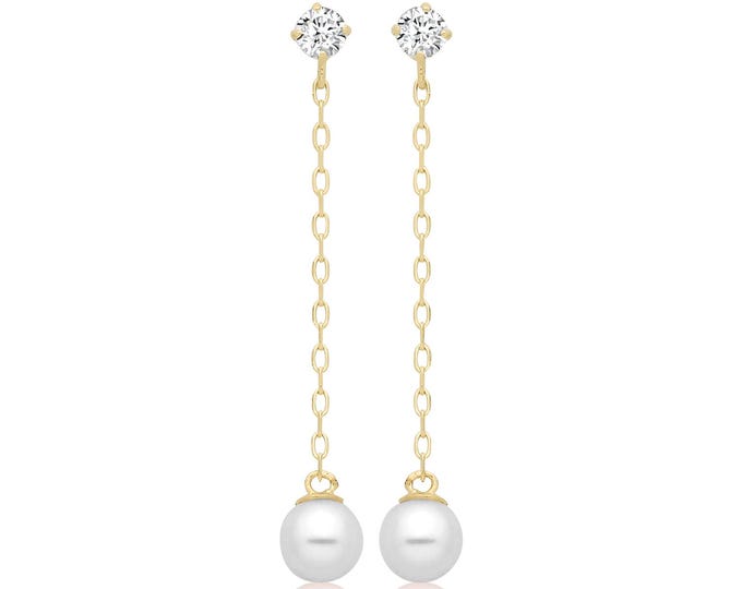 9ct Yellow Gold Cz & Freshwater Pearl Chain 2.7cm Drop Earrings - Solid 9K Gold