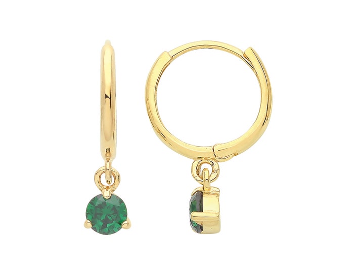 9ct Yellow Gold 8mm Hinged Hoop Earrings With 2mm Emerald Green Solitaire Cz Drop Charm - Real 9K Gold
