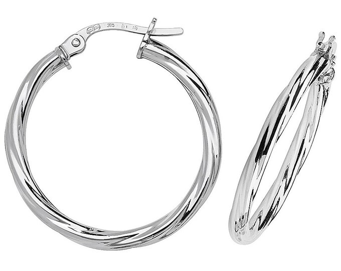 Modern 9ct White Gold 2mm Twisted Tube Hoop Earrings 10mm 15mm 20mm 25mm - Real 9K Gold