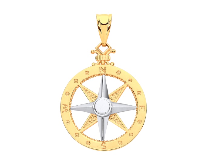 9ct 2 Colour Gold 2cm Diameter Compass Rose Design Pendant Hallmarked