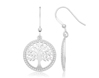 925 Sterling Silver Cz Surround Cut Out Design Tree of Life 20mm Hook Drop Earrings
