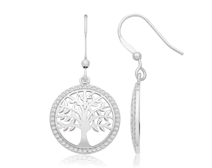 925 Sterling Silver Cz Surround Cut Out Design Tree of Life 20mm Hook Drop Earrings