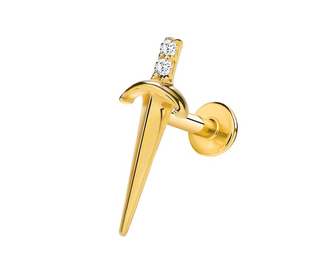 SINGLE 9K Gold Cz Dagger Cartilage on 6mm Labret Bar