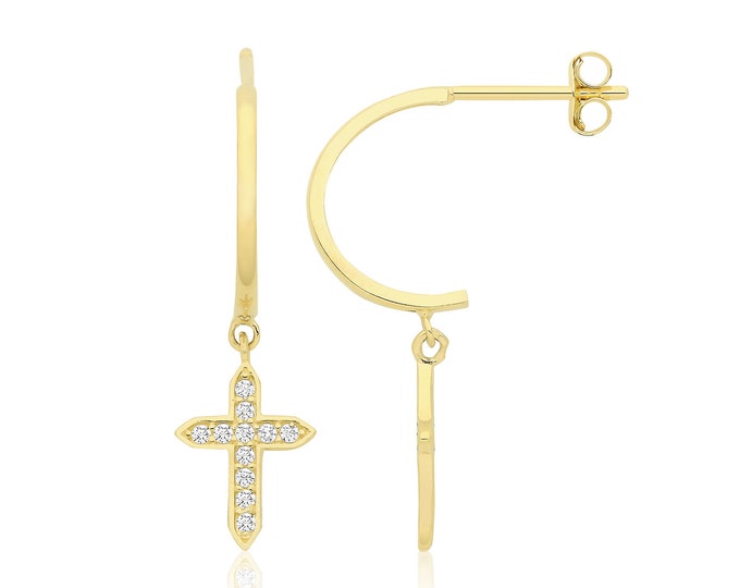 9ct Yellow Gold Cz Half Hoop 24mm Cross Drop Earrings  - Real 9K Gold