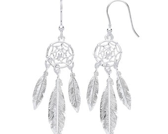 925 Sterling Silver 6.3cm Feather Dream Catcher Hook Drop Earrings