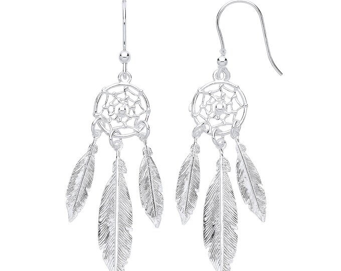 925 Sterling Silver 6.3cm Feather Dream Catcher Hook Drop Earrings