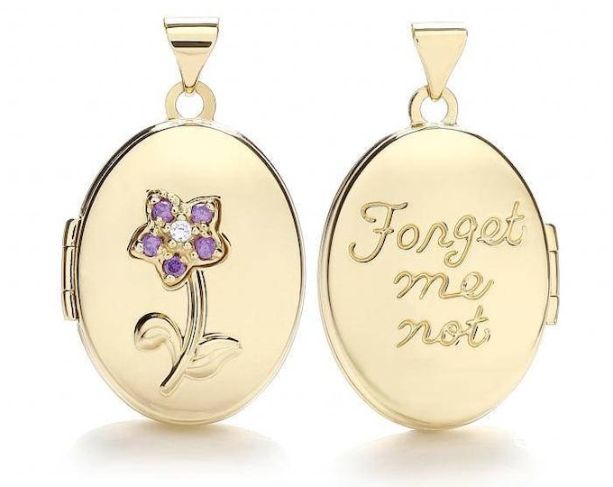 9ct Yellow Gold Purple Cz 'Forget Me Not' Oval Shaped 2 Photo Flower Locket - Real 9K Gold