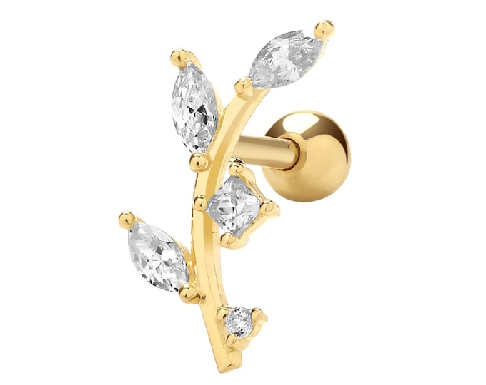 SINGLE 9ct Yellow Gold Marquise Cz Leaf Design Cartilage 6mm Post Screw Back Stud Earring - Real 9K Gold