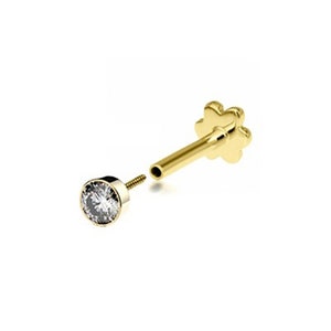 SINGLE 9ct Yellow Gold 3mm Cz Solitaire Labret Cartilage 6mm Bar Stud Screw Top Earring - Solid 9K Gold