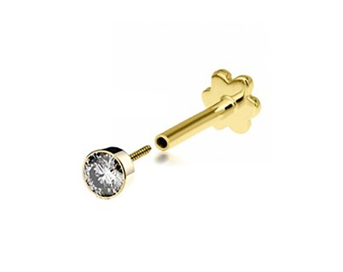 SINGLE 9ct Yellow Gold 3mm Cz Solitaire Labret Cartilage 6mm Bar Stud Screw Top Earring - Solid 9K Gold