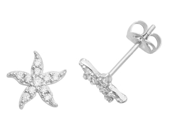 9ct White Gold Small 6mm Starfish Stud Earrings Set With Cubic Zirconia Stones - Real 9K Gold