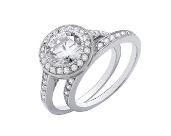 Solitaire 1.00ct Halo Cz Bridal Ring Set Engagement & Half Eternity Ring 925 Sterling Silver