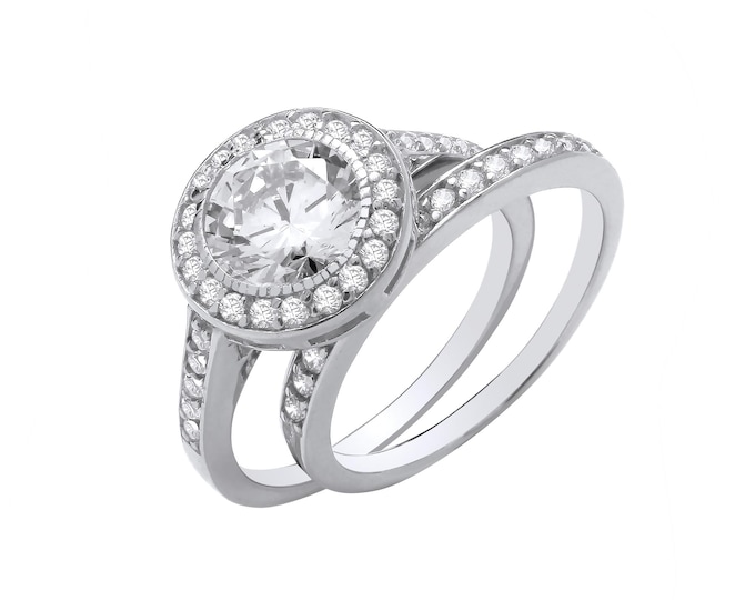 Solitaire 1.00ct Halo Cz Bridal Ring Set Engagement & Half Eternity Ring 925 Sterling Silver