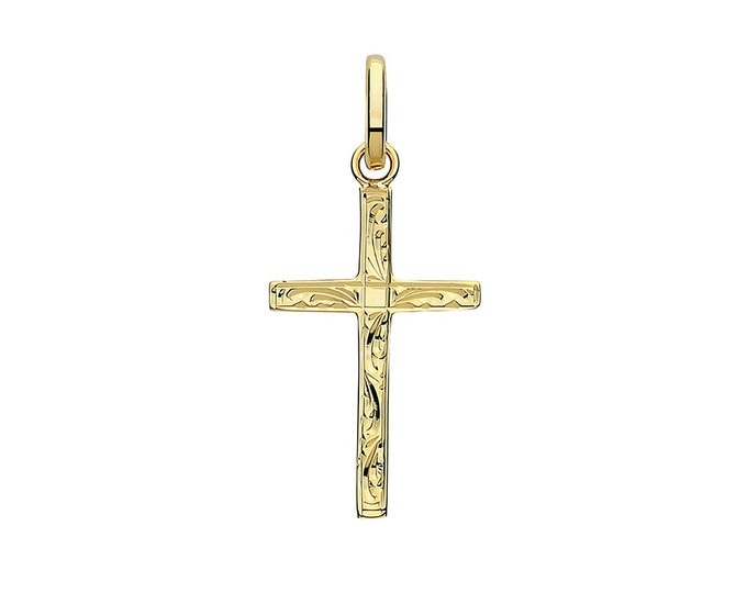 9ct Yellow Gold 2cm Engraved Cross Pendant Hallmarked