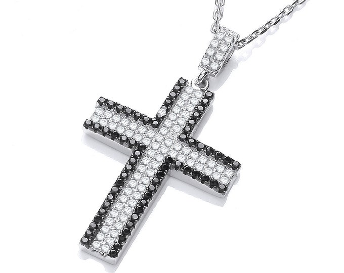 Micro Pave Black & Clear Cz Cross Pendant 925 Sterling Silver 16"-18" Necklace