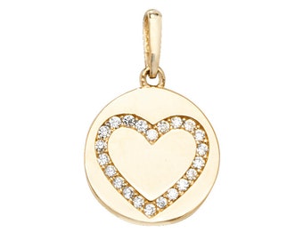 9ct Yellow Gold 1.3cm Pave Set Cz Heart Disc Pendant - Real 9K Gold