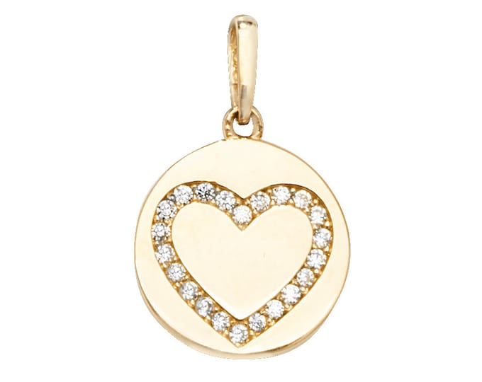 9ct Yellow Gold 1.3cm Pave Set Cz Heart Disc Pendant - Real 9K Gold