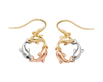 Girls 9ct Three Colour Gold Small 8mm Dolphin Hook Drop Earrings - Real 9K Gold