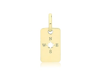 Small 9ct Yellow Gold 9x5mm Engraved Rectangular Compass Charm Pendant - Real 9K Gold