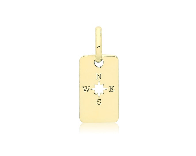 Small 9ct Yellow Gold 9x5mm Engraved Rectangular Compass Charm Pendant - Real 9K Gold