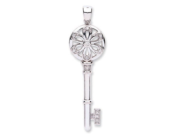 9ct White Gold 0.11ct Diamond Daisy Flower Key Pendant - Real 9K Gold