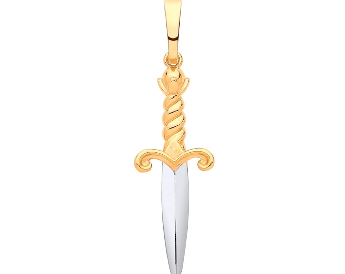 9ct Yellow & White Gold 3.9cm Dagger Sword Charm Pendant Hallmarked - Real 9K Gold