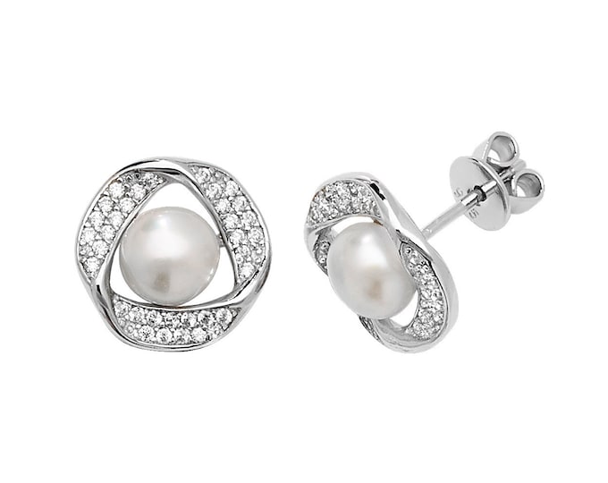 Rhodium Plated 925 Sterling Silver 12mm Twisted Knot Freshwater Pearl Cz Stud Earrings