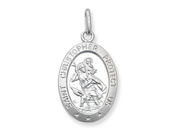 Small 1.2cm 925 Sterling Silver Oval Protect Us St Christopher Medallion Charm Pendant
