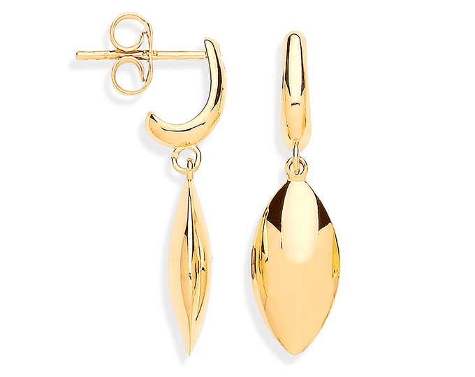 9ct Yellow Gold 2.8cm Hollow Marquise Teardrop Earrings - Real 9K Gold