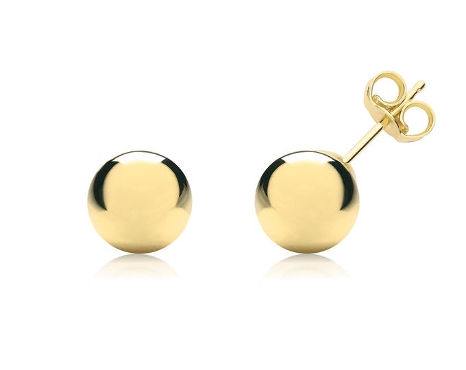 9ct Yellow Gold Plain 7mm Diameter Large Polished Ball Stud Earrings - Real 9K Gold