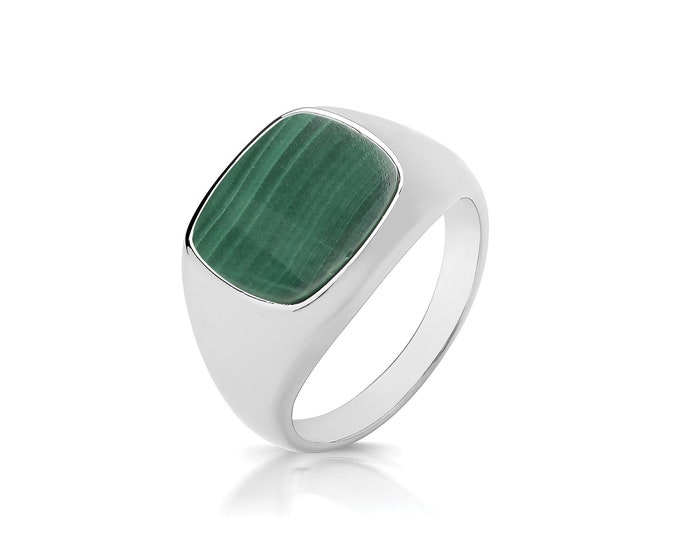 Silver 12x10mm Cushion Cut Green Malachite Signet Ring With Plain Sides