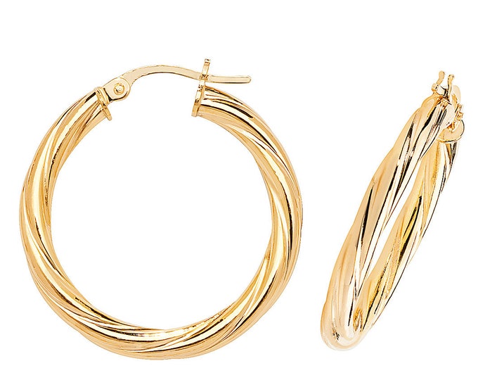 9ct Yellow Gold 15mm Twisted Tube Hollow Hoop Earrings - Real 9K Gold