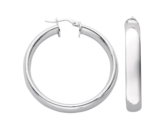 D Shaped Domed 30mm Diameter Hoop Earrings 925 Sterling Silver