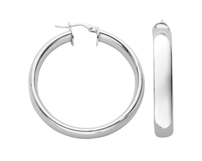 D Shaped Domed 30mm Diameter Hoop Earrings 925 Sterling Silver
