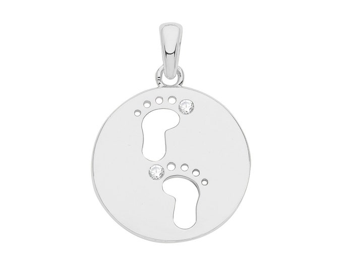 Rhodium Plated 925 Sterling Silver Cz 15mm Diameter Babies Feet Christening or Baby Shower Pendant