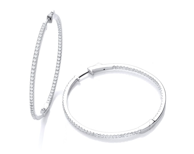 925 Sterling Silver 40mm Diameter Pave Set Round Cut Cz Hinged Hoop Earrings