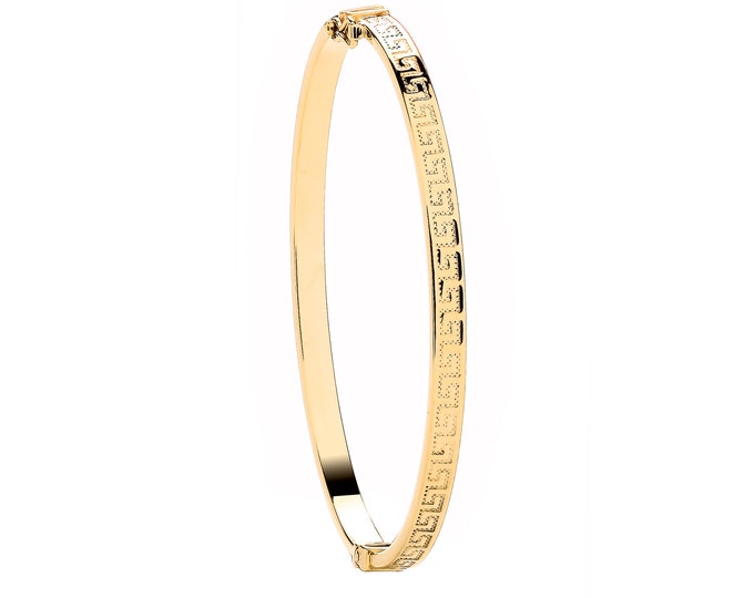 Ladies 9ct Yellow Gold Greek Key Diamond Cut 4mm Hollow Hinged Bangle Hallmarked - Real 9K Gold