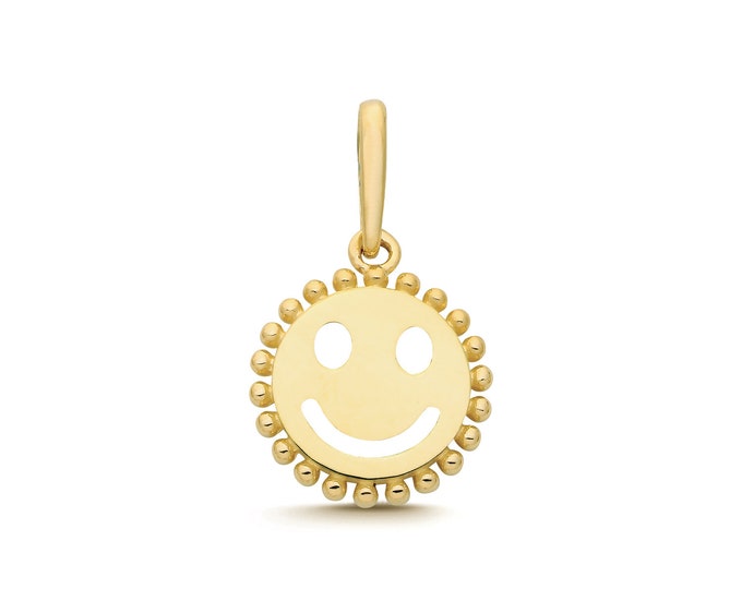 Small 9ct Yellow Gold 9mm Smiley Face Charm Pendant - Real 9K Gold