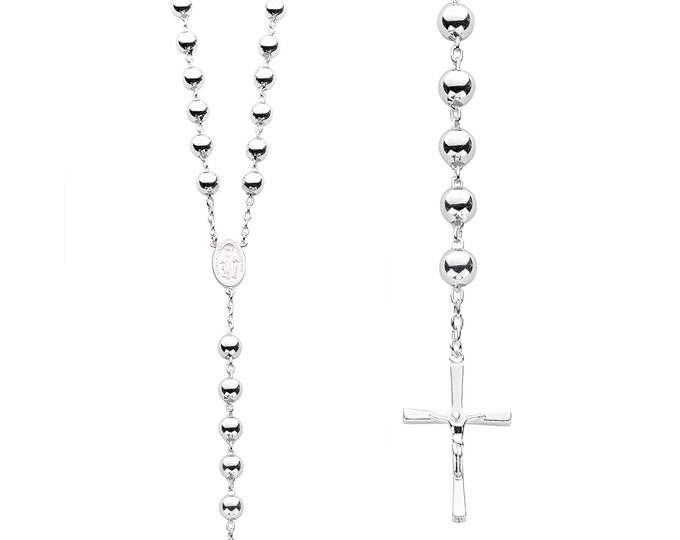 925 Sterling Silver 28" Rosary 8mm Bead Crucifix Necklace Hallmarked