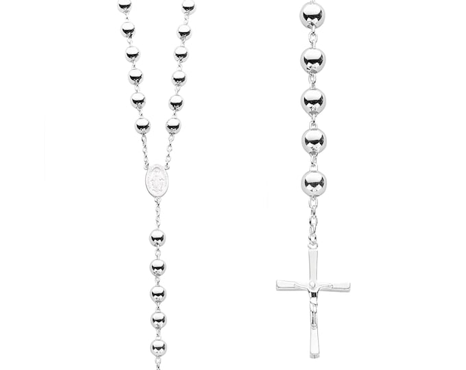 925 Sterling Silver 28" Rosary 8mm Bead Crucifix Necklace Hallmarked