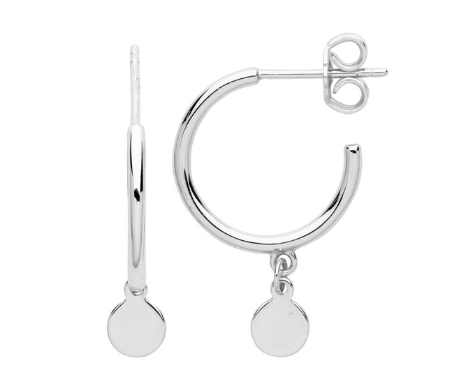 925 Sterling Silver 14mm Hoop Earrings With Circle Disc Drop Charm Rhodium Plated