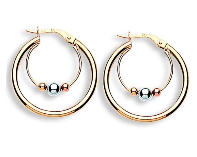 9ct Yellow Rose & White Gold Suspended Bead Double Hoop Earrings - Real 9K Gold