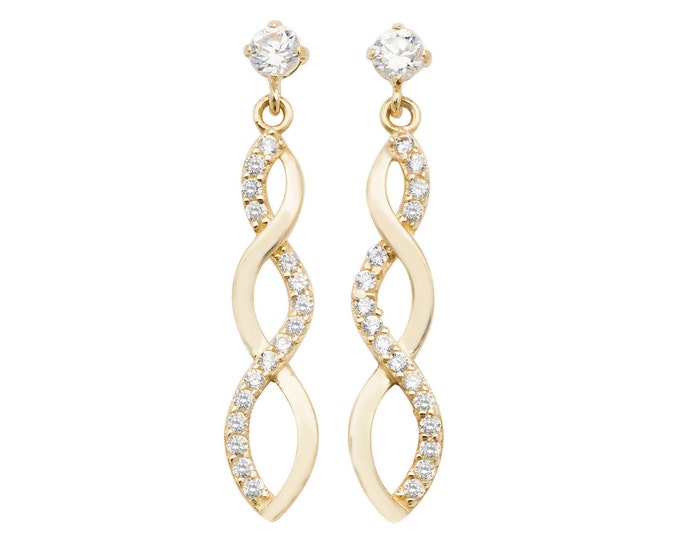 9ct Yellow Gold Cz Twisted Infinity 2cm Drop Earrings - Real 9K Gold