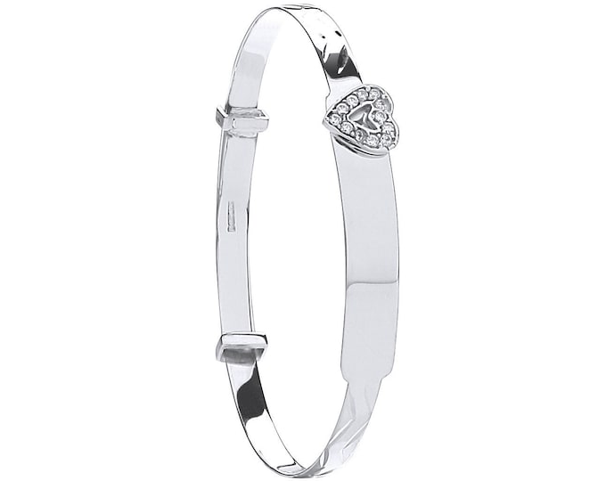 9ct White Gold Babies Expandable 3mm Cz Heart ID Bangle Hallmarked - Solid 9K Gold