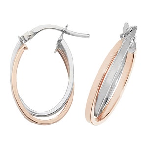 9ct Bi Colour Rose & White Gold 15x10mm Flat Interlocked Double Oval Hoop Earrings - Real 9K Gold