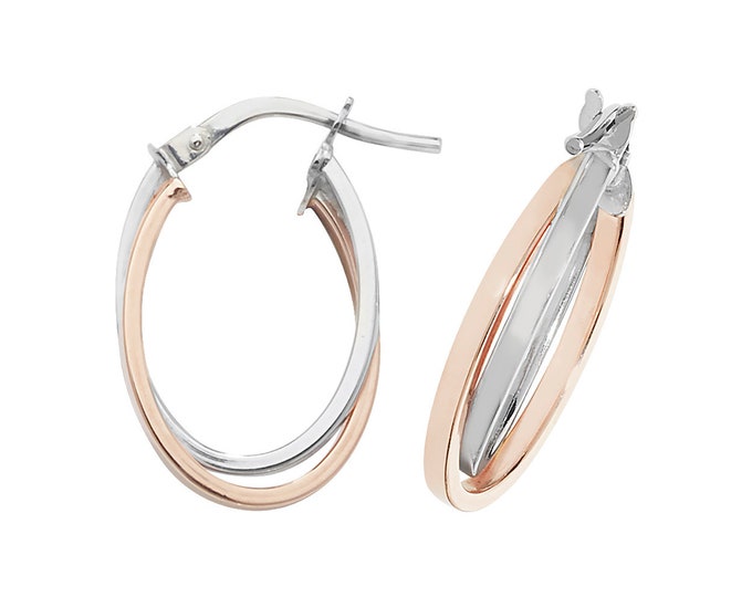 9ct Bi Colour Rose & White Gold 15x10mm Flat Interlocked Double Oval Hoop Earrings - Real 9K Gold